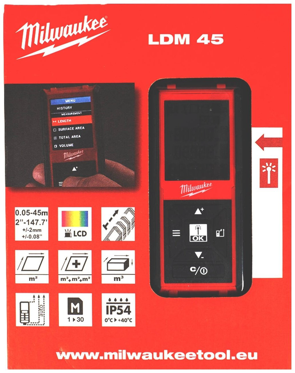 Лазерный дальномер Milwaukee LDM 45 4933459277, дальность до 45 м купить,NaN