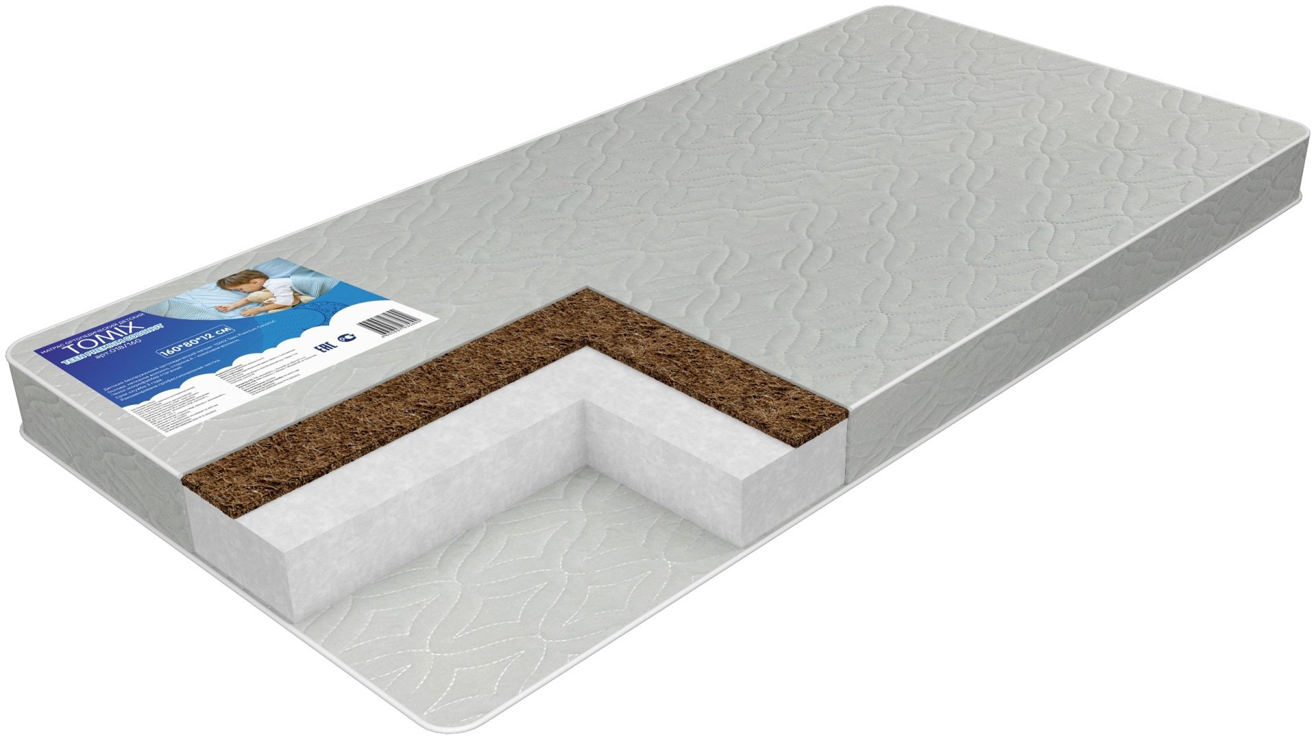 Детский матрас TOMIX Teen Premium Coconut 80x160x12 см, беспружинный, микрофайбер купить,0