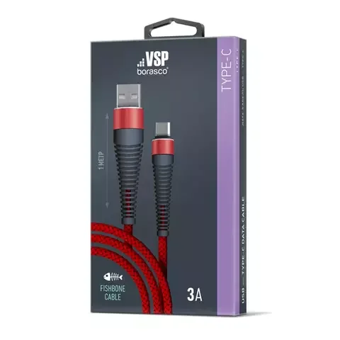 Кабель BoraSCO Fishbone 50184 USB Type-A to Type-C 3A 1m Red