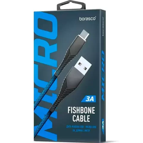 Кабель для телефона BoraSCO 38501 Fishbone Type-A to micro USB, 3A. 1m. Blue 
