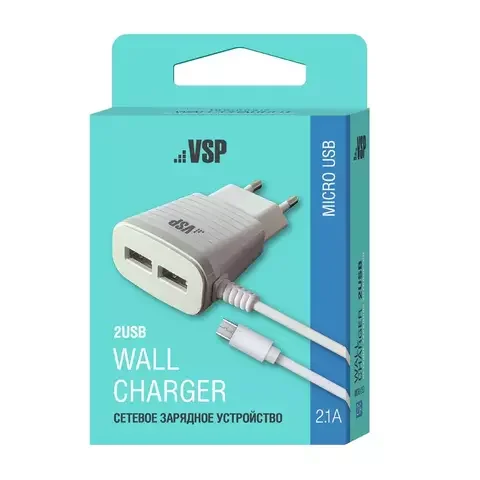 Зарядное устройство для телефонов BoraSCO 2 USB, 2.1A + micro USB 2.1A 1m. 38685 White