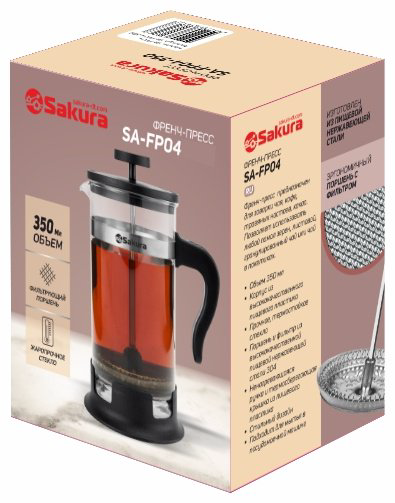 Френч-пресс SAKURA SA-FP04 350 мл, жаропрочное стекло, нержавеющая сталь, пластик купить,NaN
