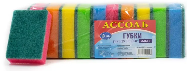 Губка для посуды, универсальная АССОЛЬ стандарт 10 шт, полиуретан купить,NaN