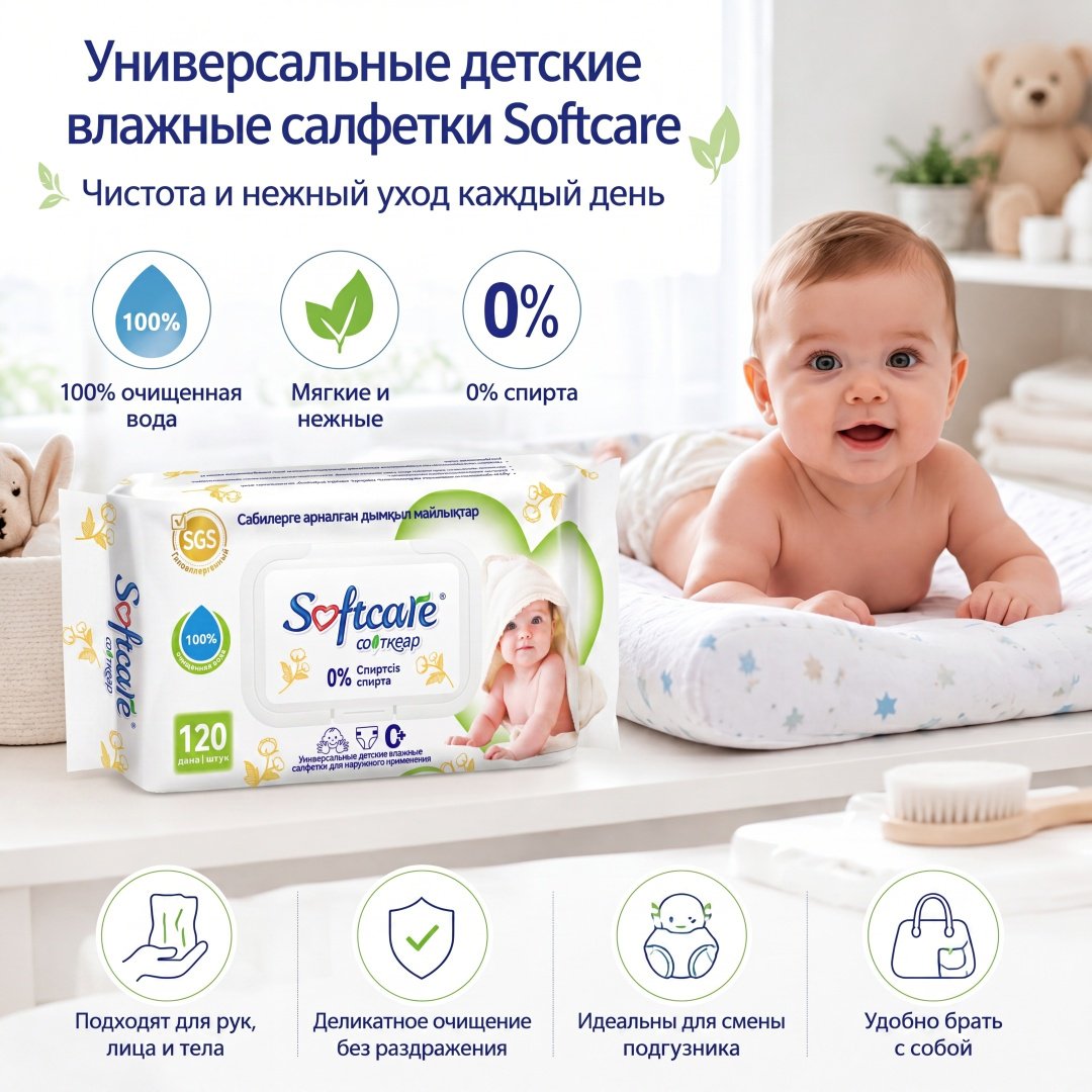 Детские влажные салфетки Softcare Универсальные 120 шт купить,NaN