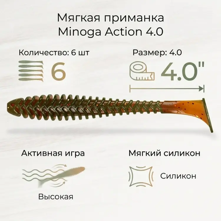Мягкая приманка Minoga Приманка Action 4,0 цвет 027 6 шт мультиколор купить,NaN
