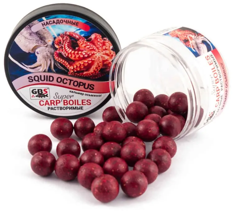 Прикормка GBS Baits Бойлы насадочные растворимые 16мм Кальмар-Осьминог 0.1 кг купить,NaN