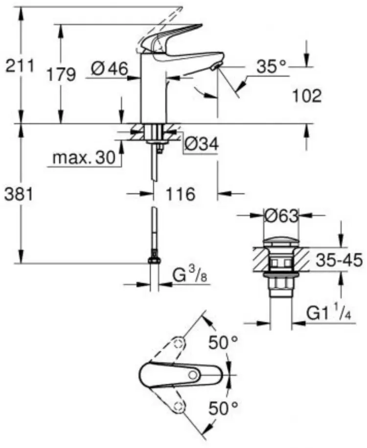 Смеситель для раковины (умывальника) Grohe EuroEco, однозахватный купить,NaN