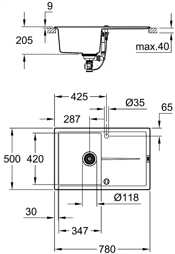 Кухонная мойка Grohe GROHE K400, 780 x 500 мм, серый гранит 50х78х20.5 см, искусственный камень, тон серый купить,NaN