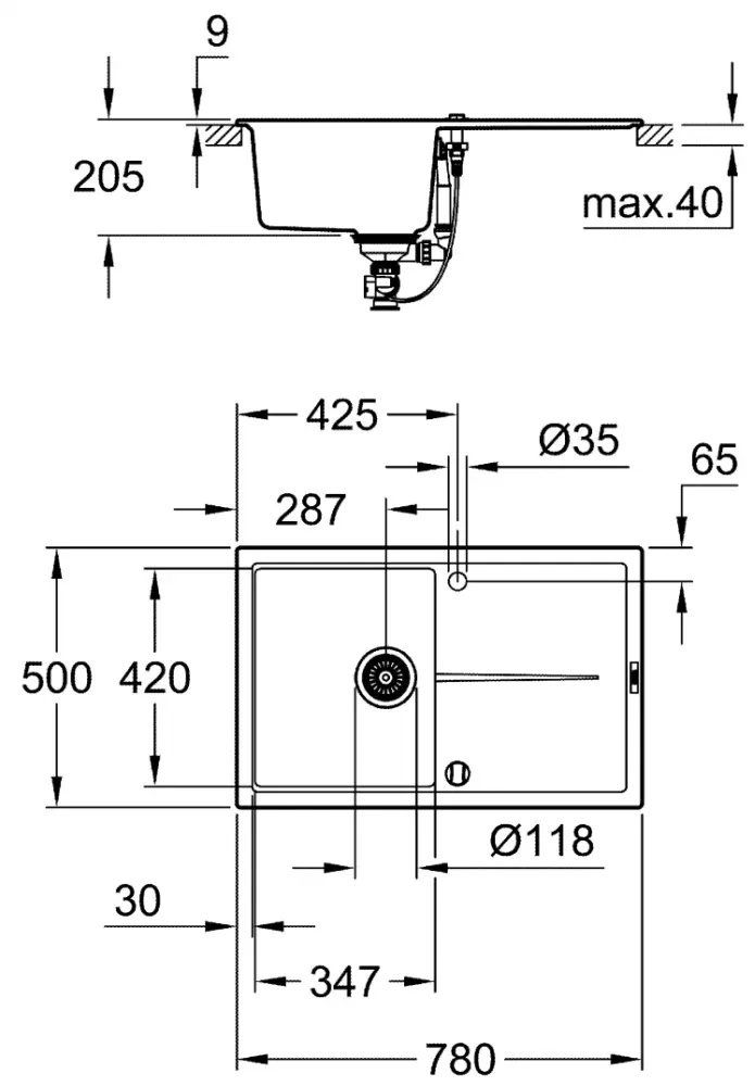 Кухонная мойка Grohe K400 50х78х20.5 см, искусственный камень, тон черный гранит купить,NaN