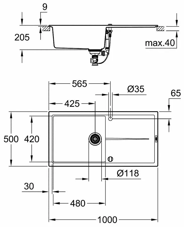 Кухонная мойка Grohe K400 31641AP0 100х50х20.5 см, искусственный гранит, тон черный купить,NaN