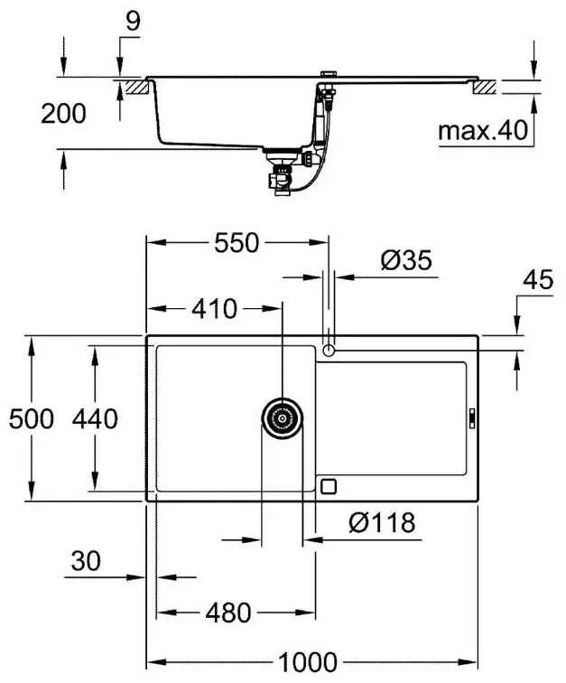 Кухонная мойка Grohe White House Grohe 31645AT0 100х50х20 см, кварцевый композит, тон графитовый