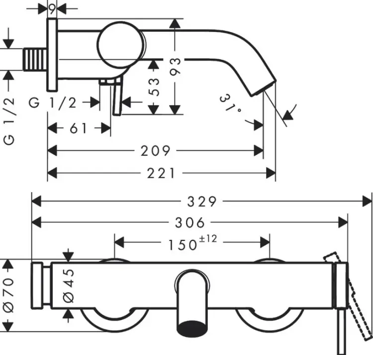 Смеситель для ванны Hansgrohe Tecturis S 73422000, латунь, цвет серебристый купить,NaN
