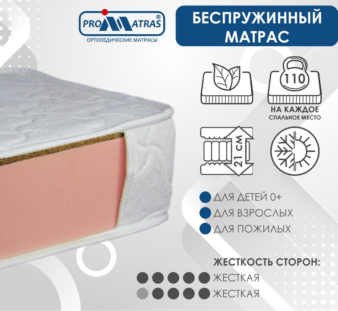 Детский матрас PROMATRAS LEGGERO COCOS 59x115x21 см, беспружинный, вискоза, жаккард купить,NaN
