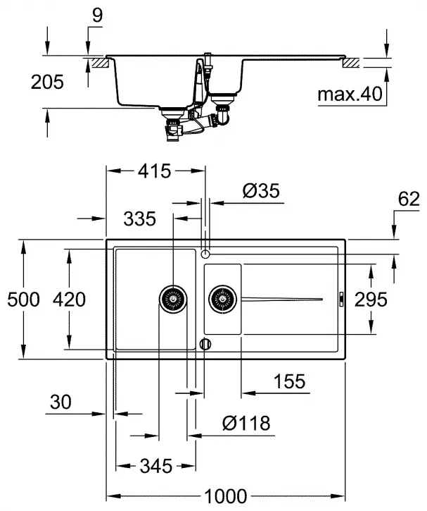 Кухонная мойка Grohe K400 31642AT0 100х50х20.5 см, кварцевый песок, тон серый купить,298000