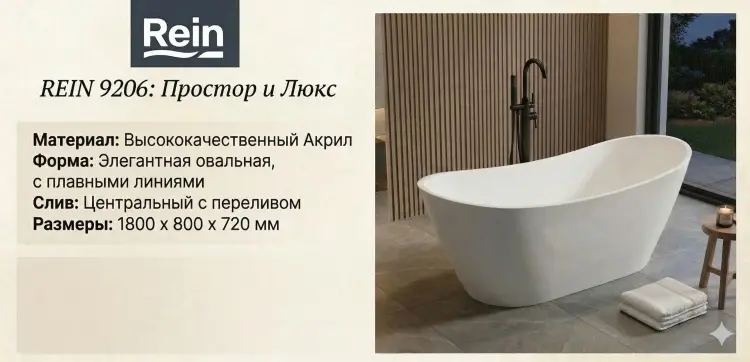 Ванна Rein 9206 180x80 см, акрил