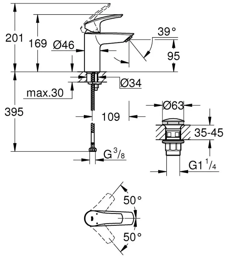 Смеситель Grohe 239222433 Eurosmart, латунь, цвет черный купить,NaN