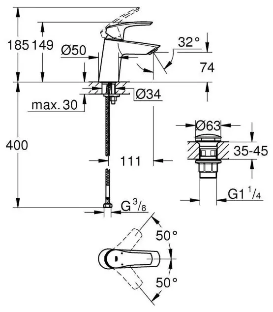 Смеситель для раковины (умывальника) Grohe Eurosmart DN 15 S-Size, однозахватный купить,NaN