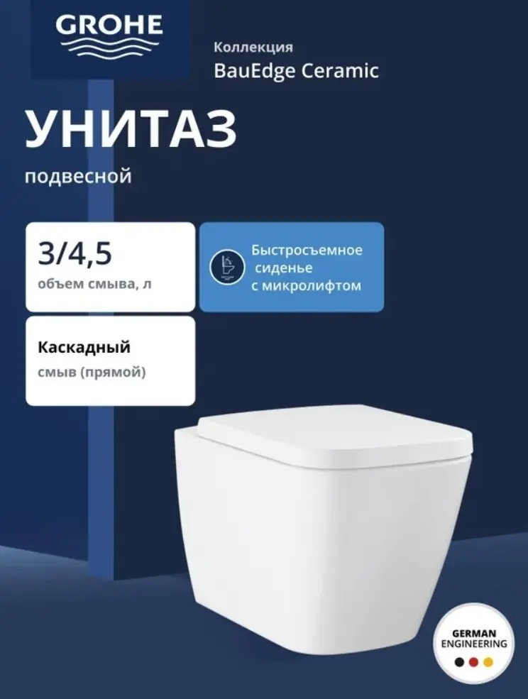 Унитаз подвесной с сиденьем, безободковый Grohe BauEdge Ceramic 106740SH00 купить,NaN