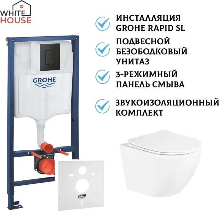 Grohe рамная инсталляция Комплект Grohe с черной кнопкой + унитаз овал