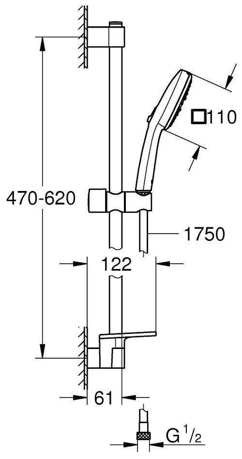 Grohe штанга для душа 620х61 мм Tempesta Cube 110 27576003, металл, пластик купить,NaN