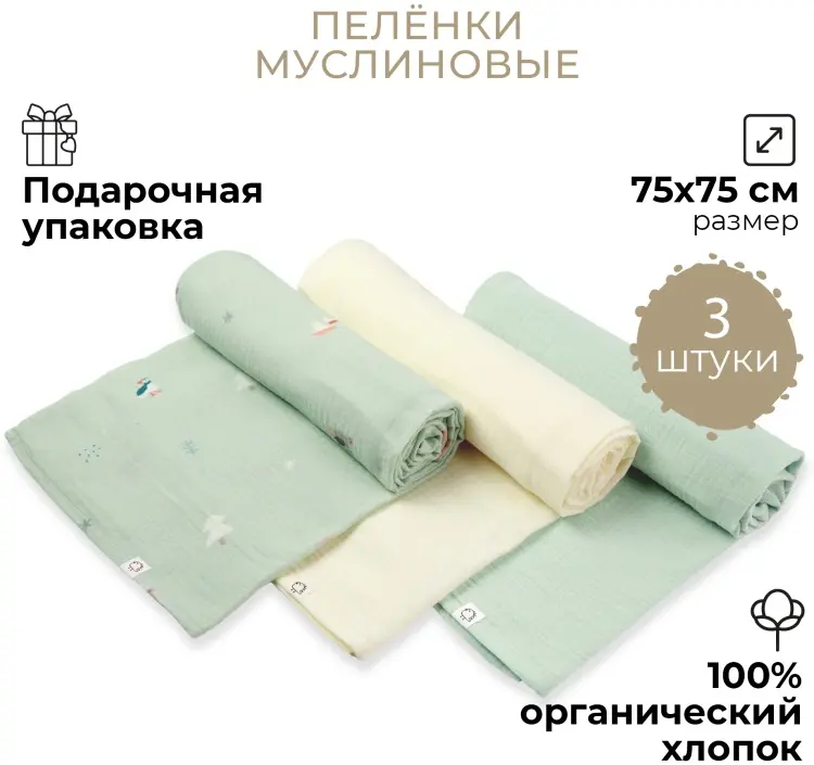 Пеленка текстильная BUBA KIDS Северный лес/ сливочный/ морская пена, 3 шт, 75x75 см купить,NaN