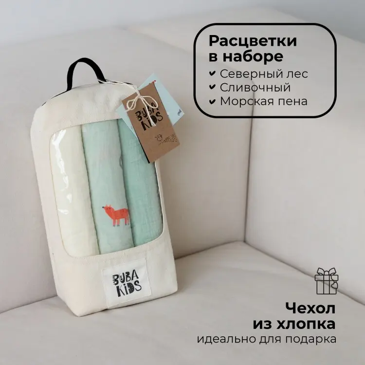 Пеленка текстильная BUBA KIDS Северный лес/ сливочный/ морская пена, 3 шт, 75x75 см купить,NaN