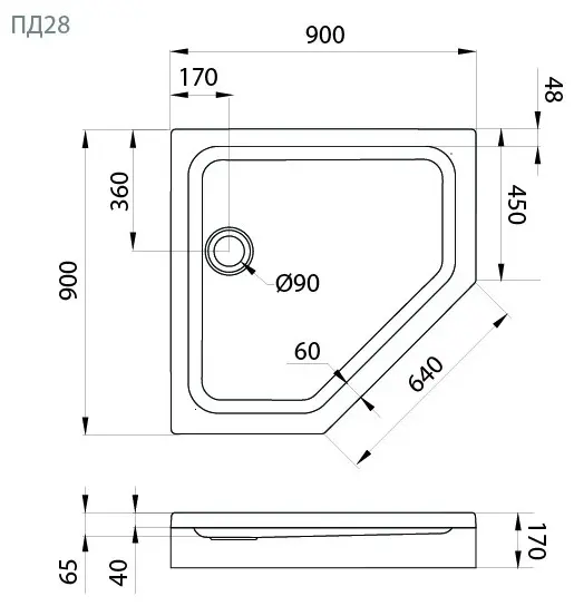 Душевой поддон Triton ПД28 низкий, пятиугольный 90х90 в комплекте 90x90 низкий купить,NaN