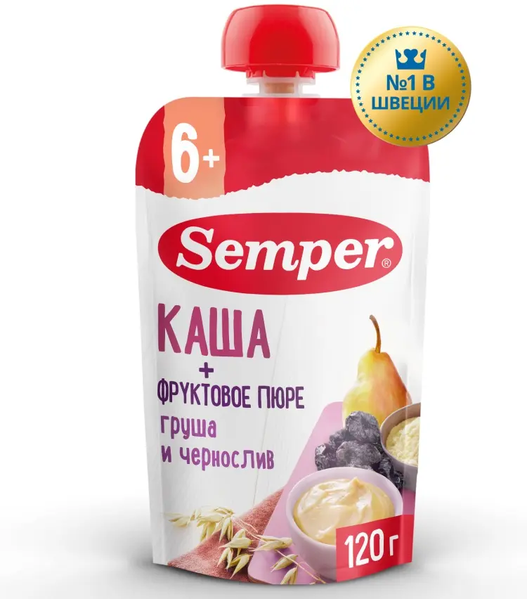 Детское пюре Semper Каша+фруктовое пюре груша и чернослив 120 г, с 6 месяцев купить,NaN