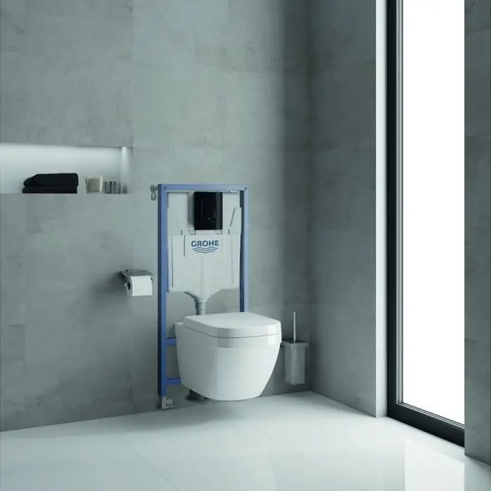 Унитаз с инсталляцией Grohe Solido 5-в-1 c клавишей Evenчерный глянец, санкерамика