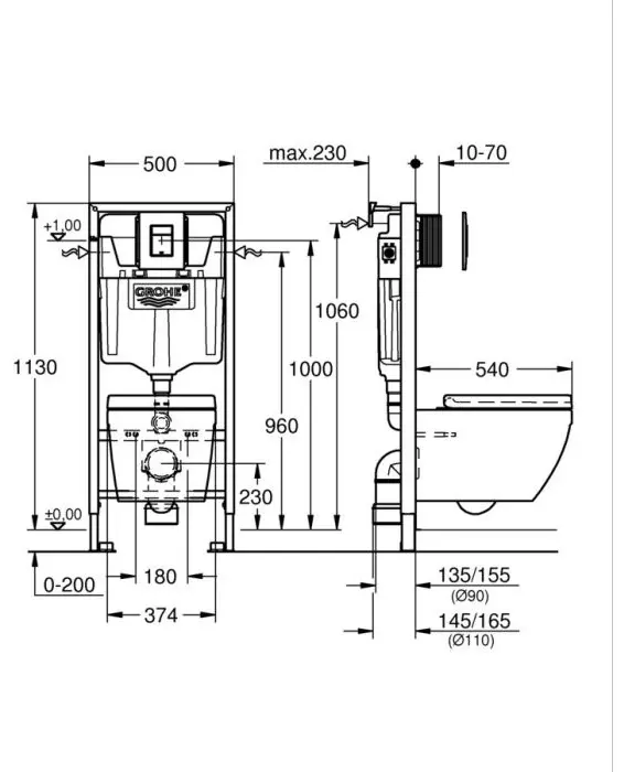 Унитаз с инсталляцией Grohe Solido 5-в-1 c клавишей Evenчерный глянец, санкерамика