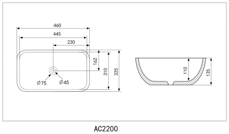 Раковина накладная 46 см Abber Rechteck AC2200MG