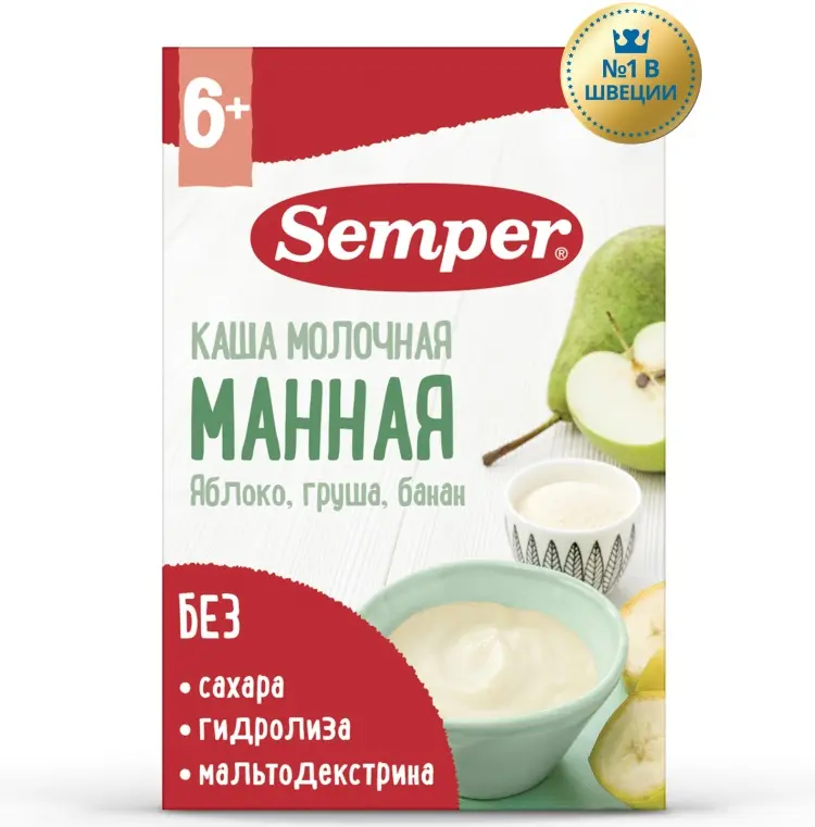 Детская каша Каша молочная Semper манная с яблоком, грушей и бананом, 180 г