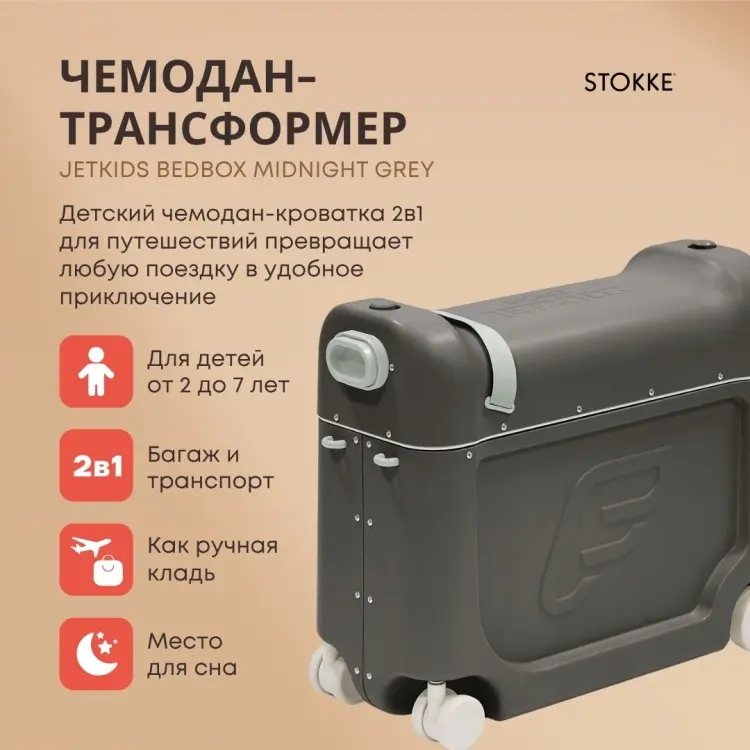 Чемодан-трансформер Stokke JetKids BedBox ABS-пластик 19 л темно-серый купить,NaN