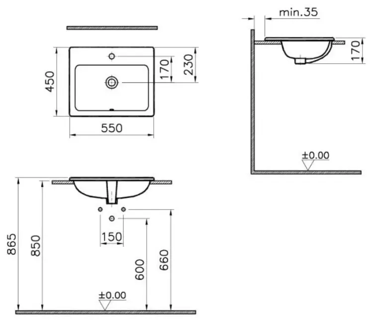 Раковина VitrA S20 5465B003-0001 накладная прямоугольная 55х45 см, санфарфор купить,NaN
