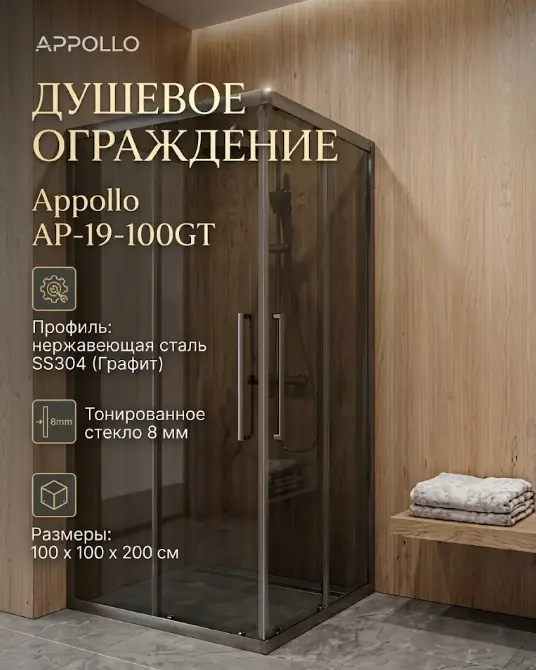 Душевое ограждение Appolo двухстенное AP-19-100GT, 1000х2000 мм