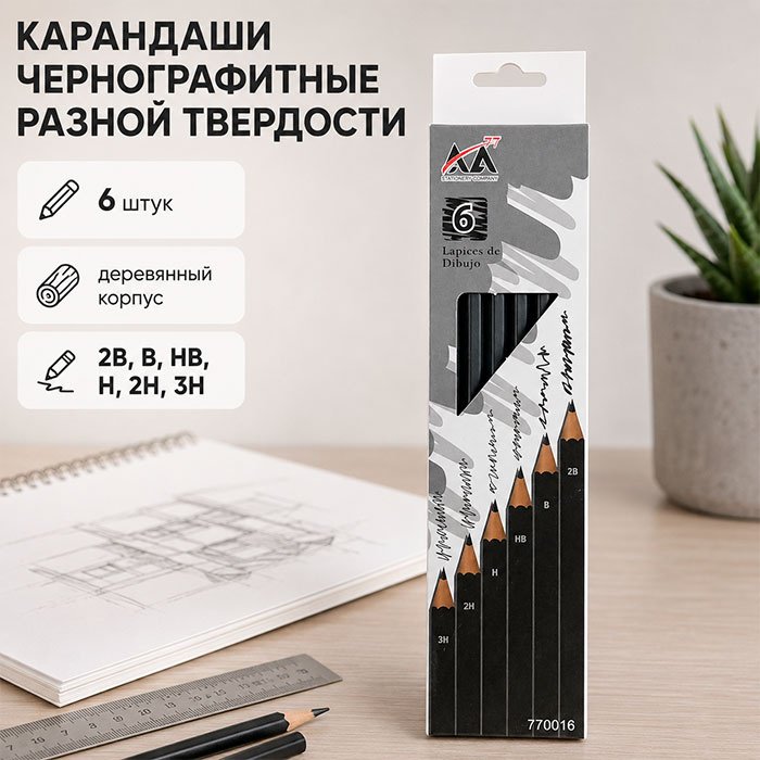Карандаш 12855021_107964, HB, H, 2H, 3H, 2B, B, 6 шт купить,NaN