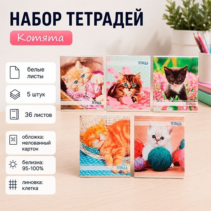 Набор общих тетрадей Calligrata Котята, 36 л, А5+, клетка, мягкая обложка, 5 шт купить,NaN