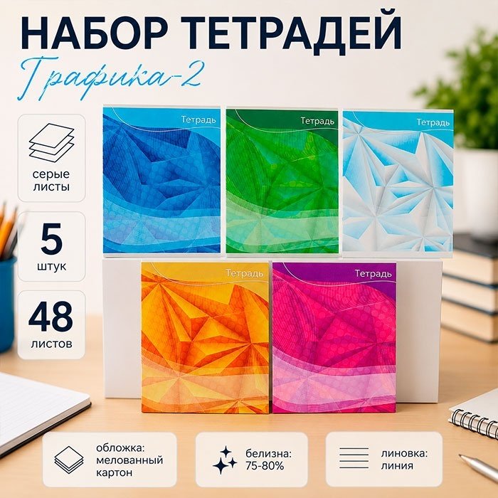 Набор общих тетрадей Calligrata Графика-2, 48 л, А5+, линейка, мягкая обложка, 5 шт купить,NaN