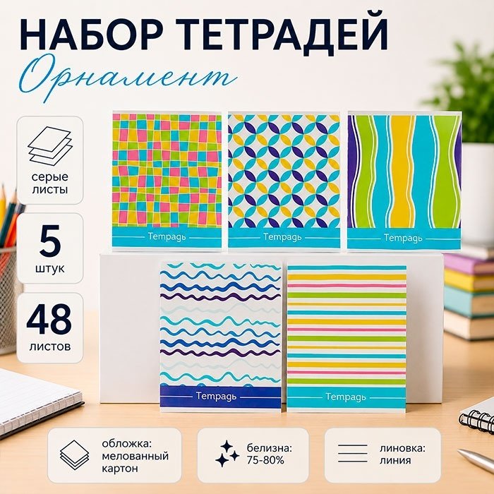 Набор общих тетрадей Calligrata Орнамент, 48 л, А5+, линейка, мягкая обложка, 5 шт купить,NaN