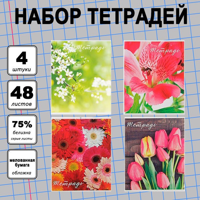Набор общих тетрадей Calligrata Цветы, 48 л, А5+, клетка, мягкая обложка, 4 шт купить,NaN