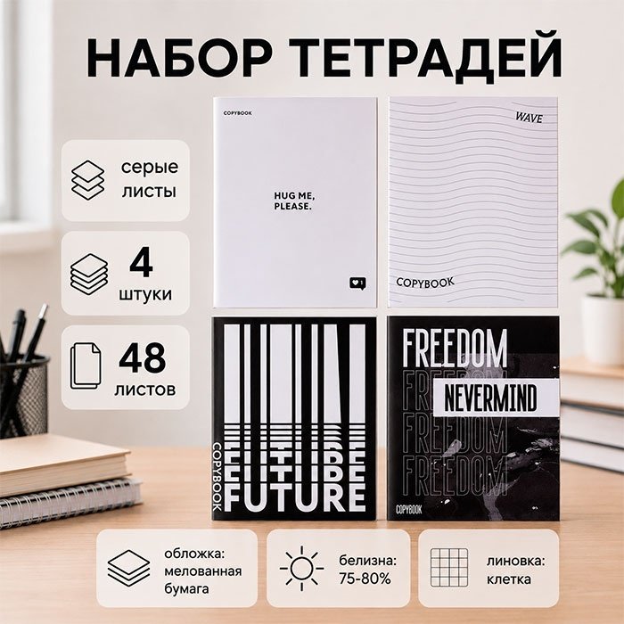 Набор общих тетрадей Calligrata Black and white, 48 л, А5+, клетка, мягкая обложка, 4 шт купить,NaN