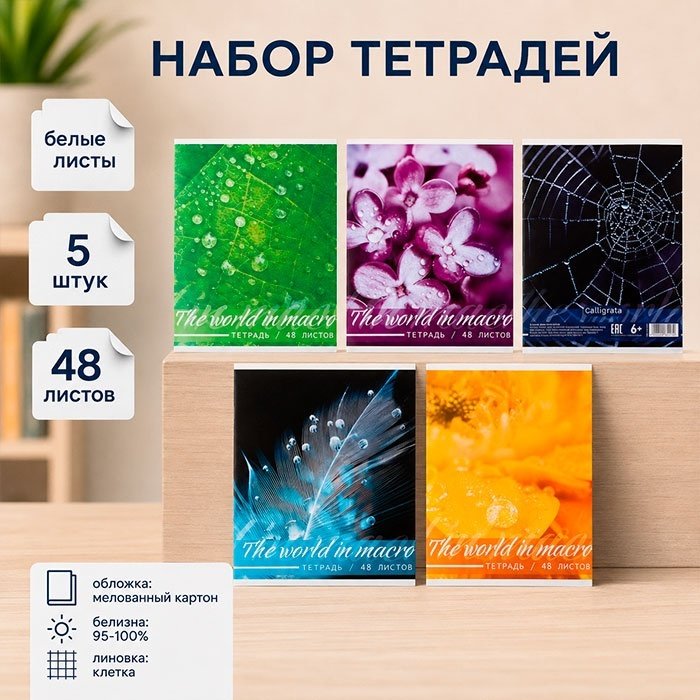 Набор общих тетрадей Calligrata Микромир, 48 л, А5+, клетка, мягкая обложка, 5 шт купить,NaN