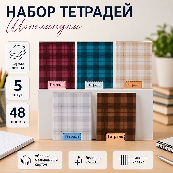 Набор общих тетрадей Calligrata Шотландка, 48 л, А5+, клетка, мягкая обложка, 5 шт купить,NaN