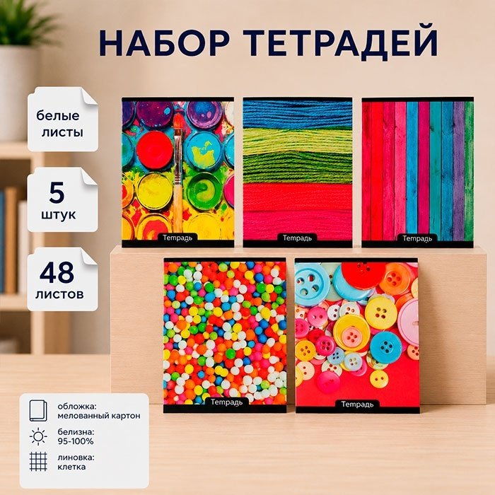 Набор общих тетрадей Calligrata Яркие цвета, 48 л, А5+, клетка, мягкая обложка, 5 шт купить,NaN