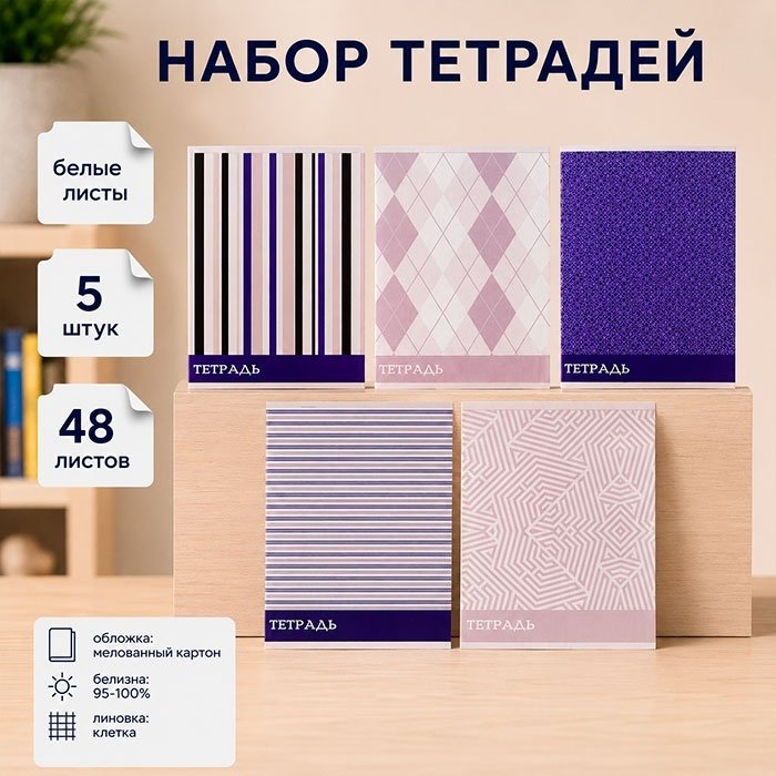 Набор общих тетрадей Calligrata Стильные узоры, 48 л, А5+, клетка, мягкая обложка, 5 шт купить,NaN