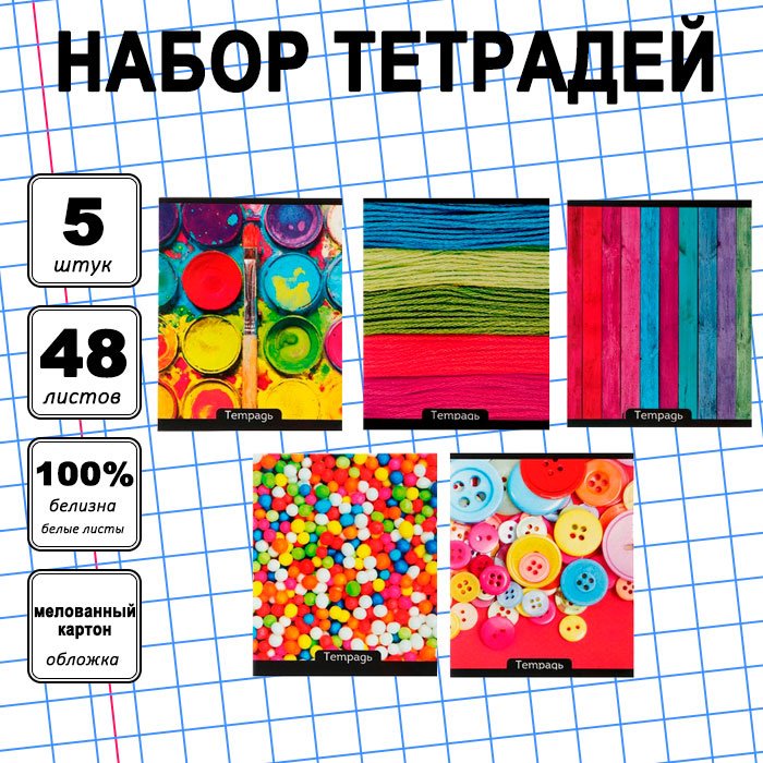 Набор общих тетрадей Calligrata Яркие цвета, 48 л, А5+, клетка, мягкая обложка, 5 шт купить,NaN