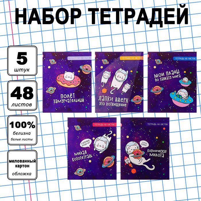 Набор общих тетрадей Calligrata Космокот, 48 л, А5+, клетка, мягкая обложка, 5 шт купить,NaN