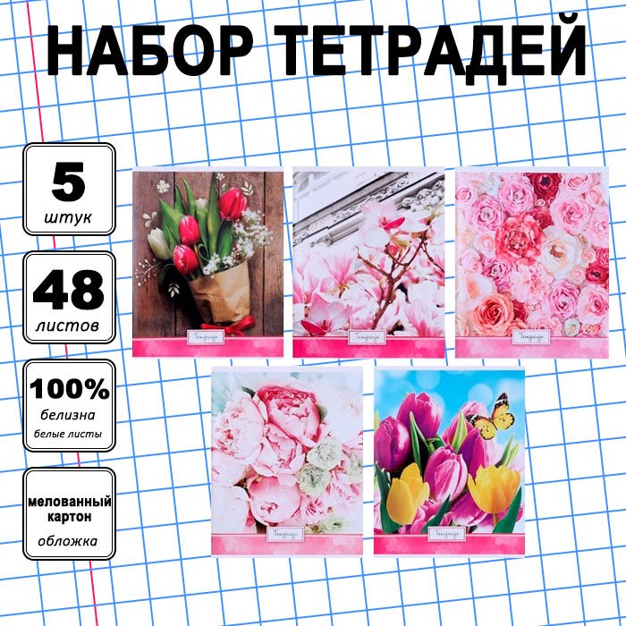 Набор общих тетрадей Calligrata Яркие цветы, 48 л, А5+, клетка, мягкая обложка, 5 шт купить,NaN