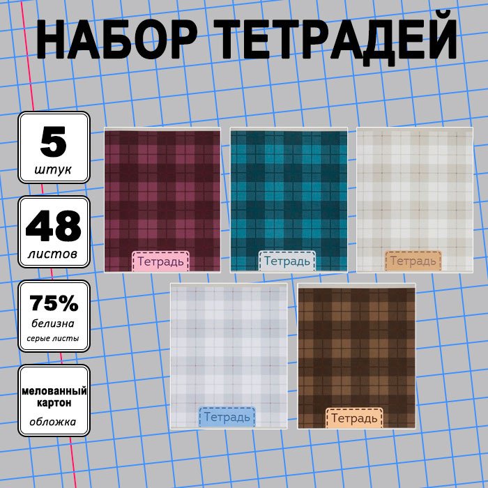 Набор общих тетрадей Calligrata Шотландка, 48 л, А5+, клетка, мягкая обложка, 5 шт купить,NaN