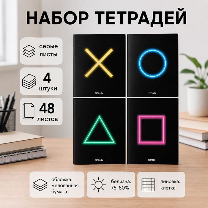 Набор общих тетрадей Calligrata Фигуры, 48 л, А5+, клетка, мягкая обложка, 4 шт купить,NaN
